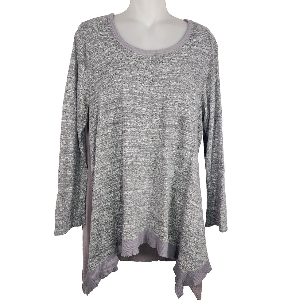 Kori America Women Tunic Top Large Mixed Media Long Sleeve Asymmetric Pullover